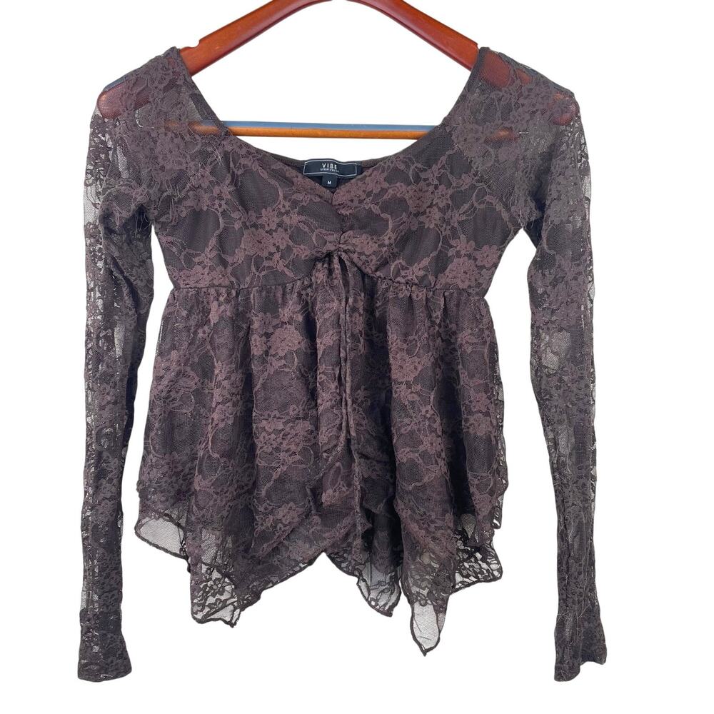 Y2K 90s Top Sz S Babydoll Fairy Grunge Whimsigoth Boho Asymmetrical Lace Brown